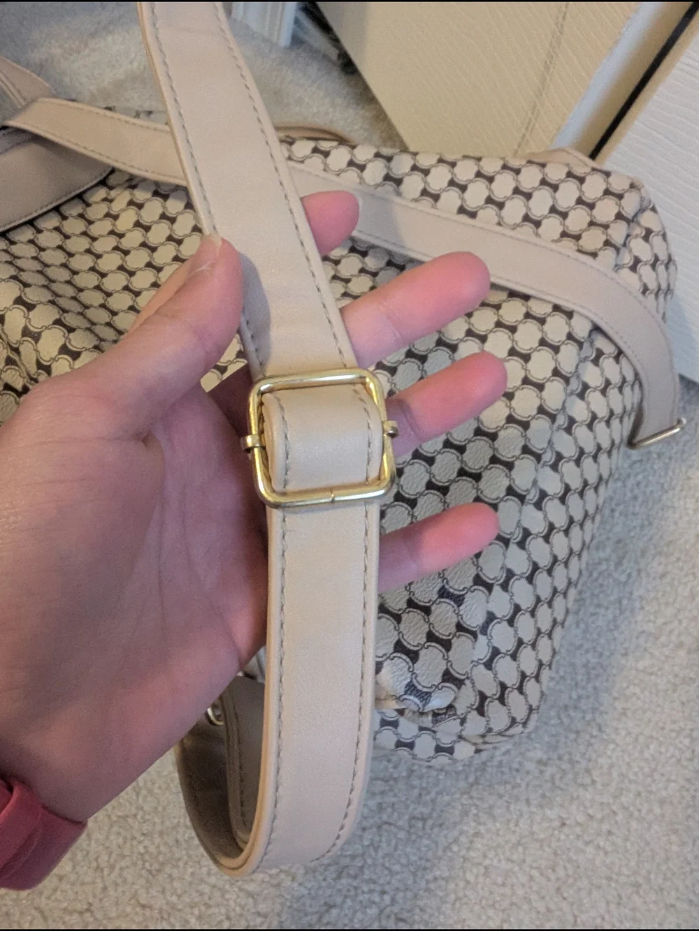 Women's Cream and Brown Mini Knock-Off Coach Patterned Backpack With Gold Tones